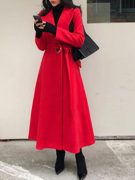 Turndown Collar Long Sleeves Lace Up Oversized Casual Outerwear Maxi Coat