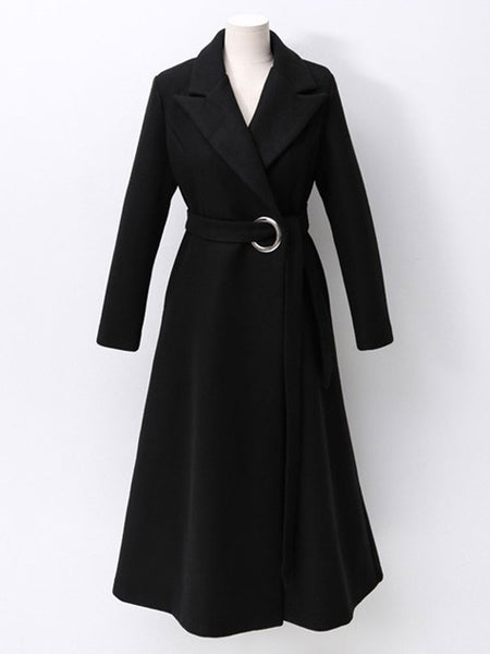 Turndown Collar Long Sleeves Lace Up Oversized Casual Outerwear Maxi Coat