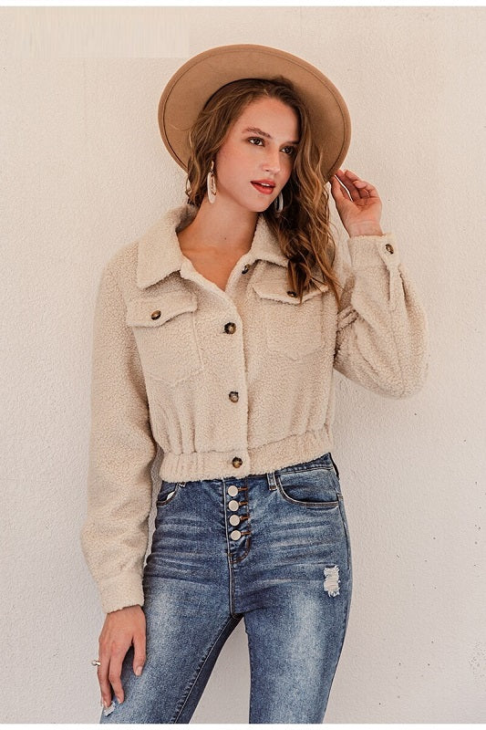 Turndown collar pocket teddy fur coats jackets