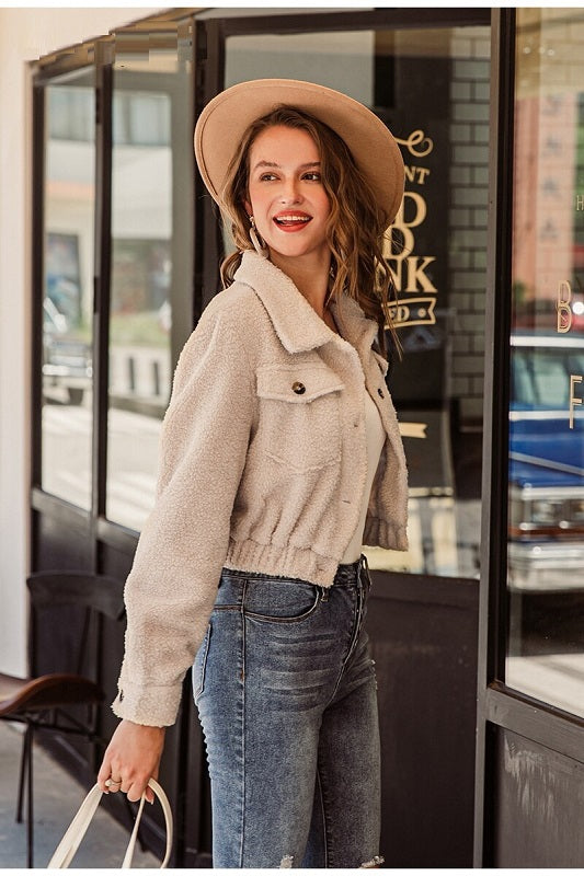 Turndown collar pocket teddy fur coats jackets