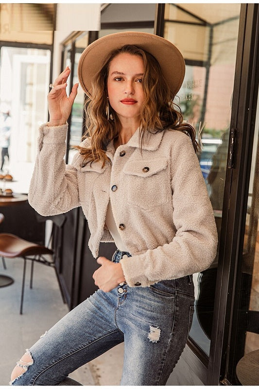 Turndown collar pocket teddy fur coats jackets