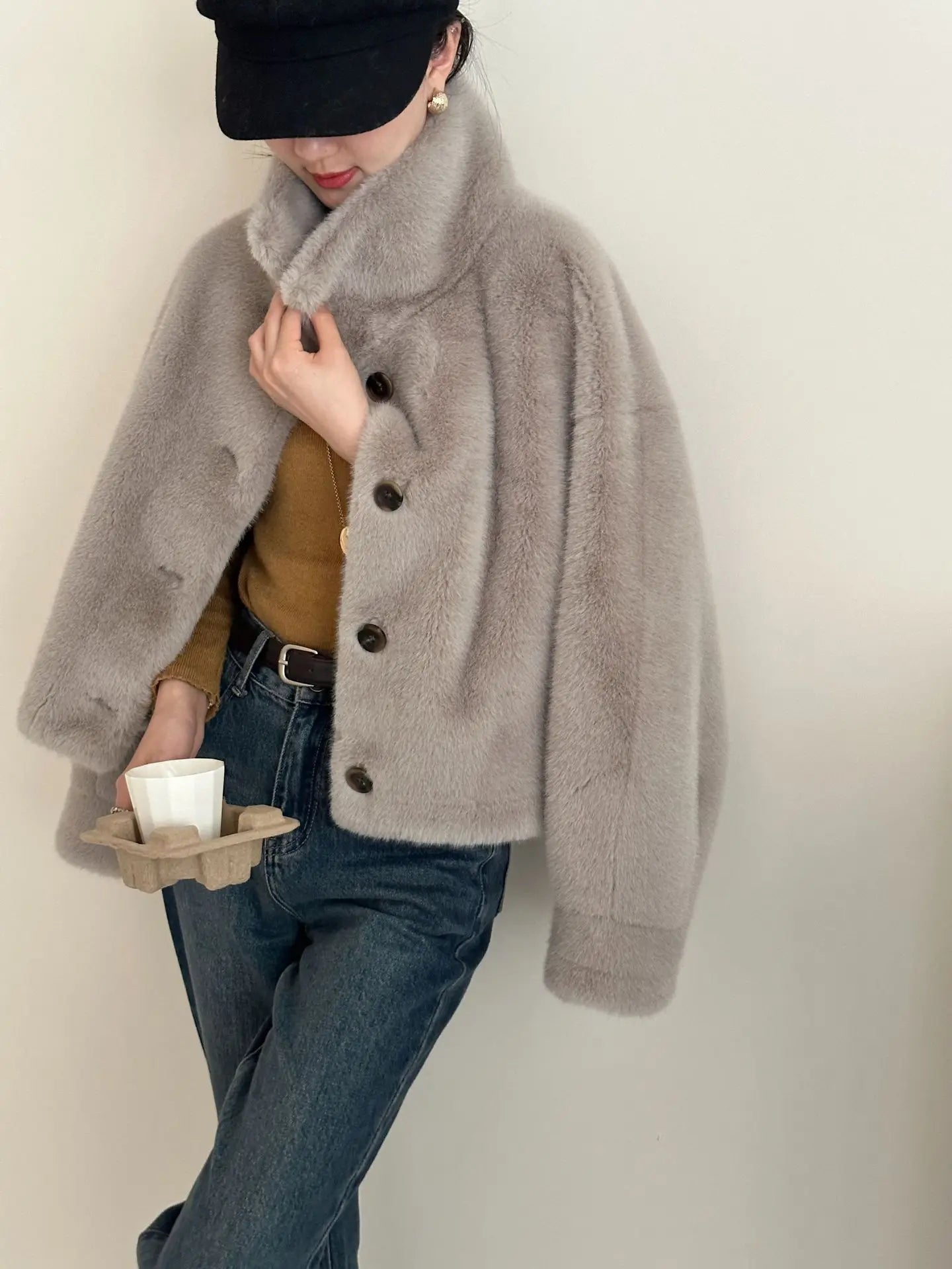 Turtleneck Single Breasted Button Faux Fur Full Sleeve Warm Coats