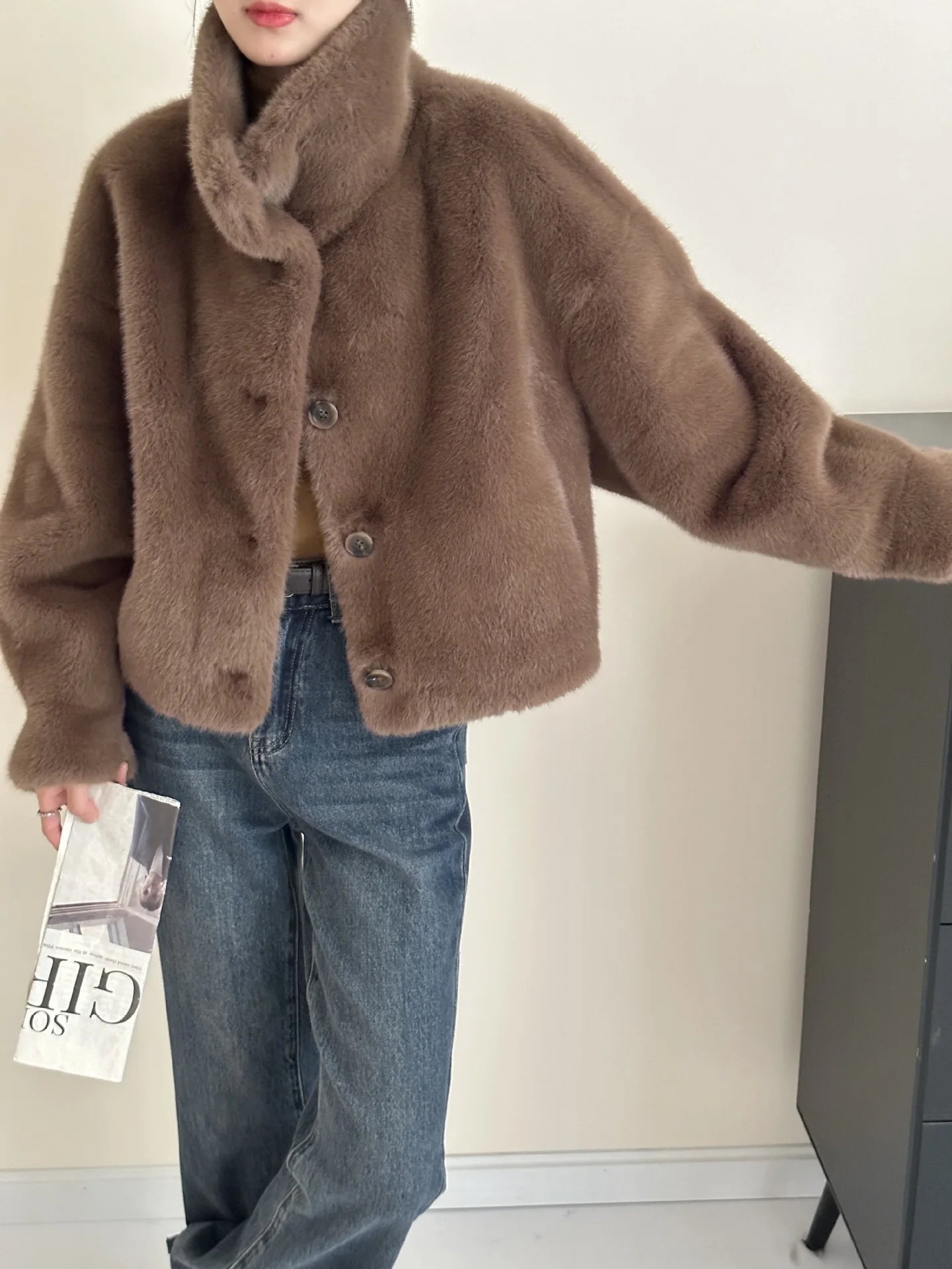 Turtleneck Single Breasted Button Faux Fur Full Sleeve Warm Coats