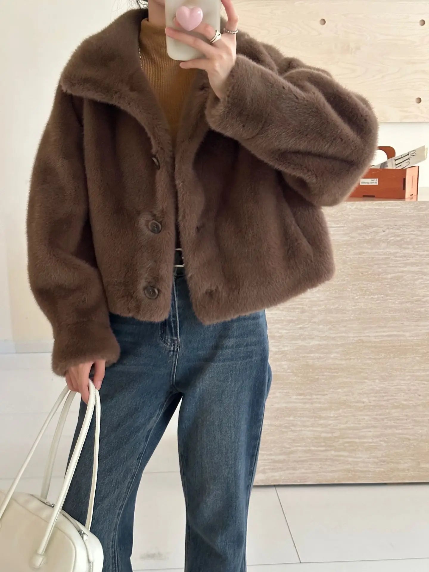 Turtleneck Single Breasted Button Faux Fur Full Sleeve Warm Coats