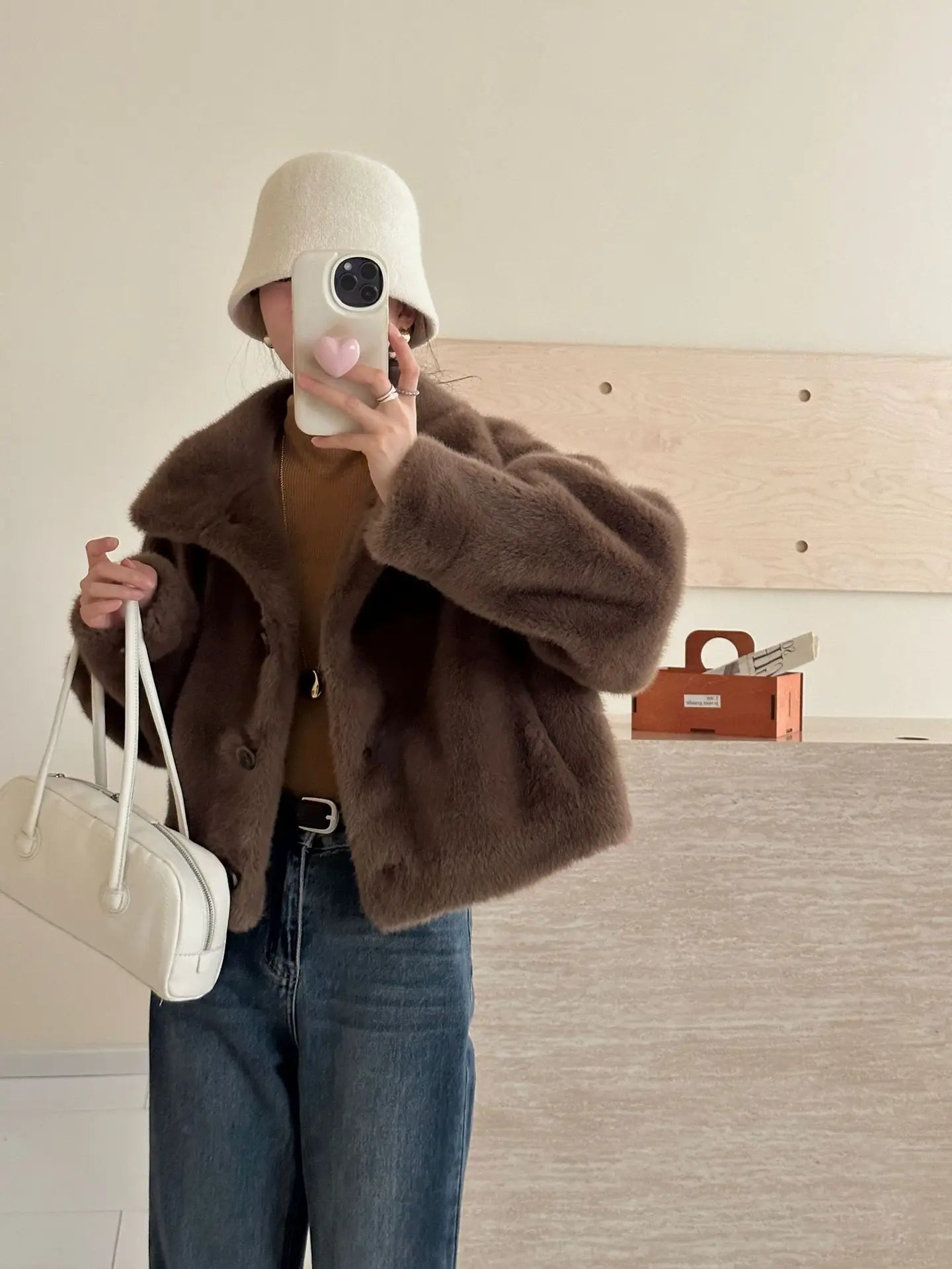 Turtleneck Single Breasted Button Faux Fur Full Sleeve Warm Coats