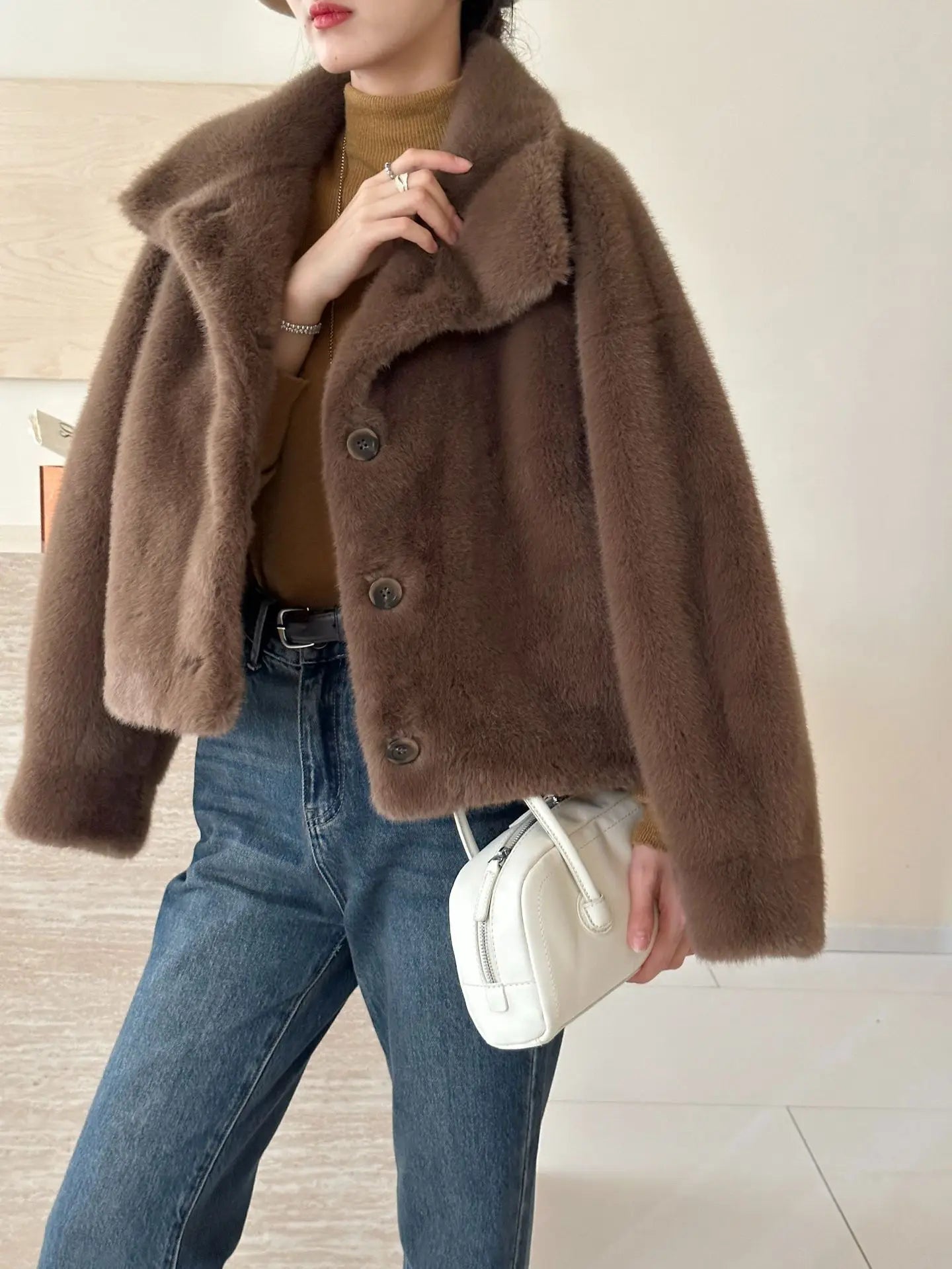Turtleneck Single Breasted Button Faux Fur Full Sleeve Warm Coats