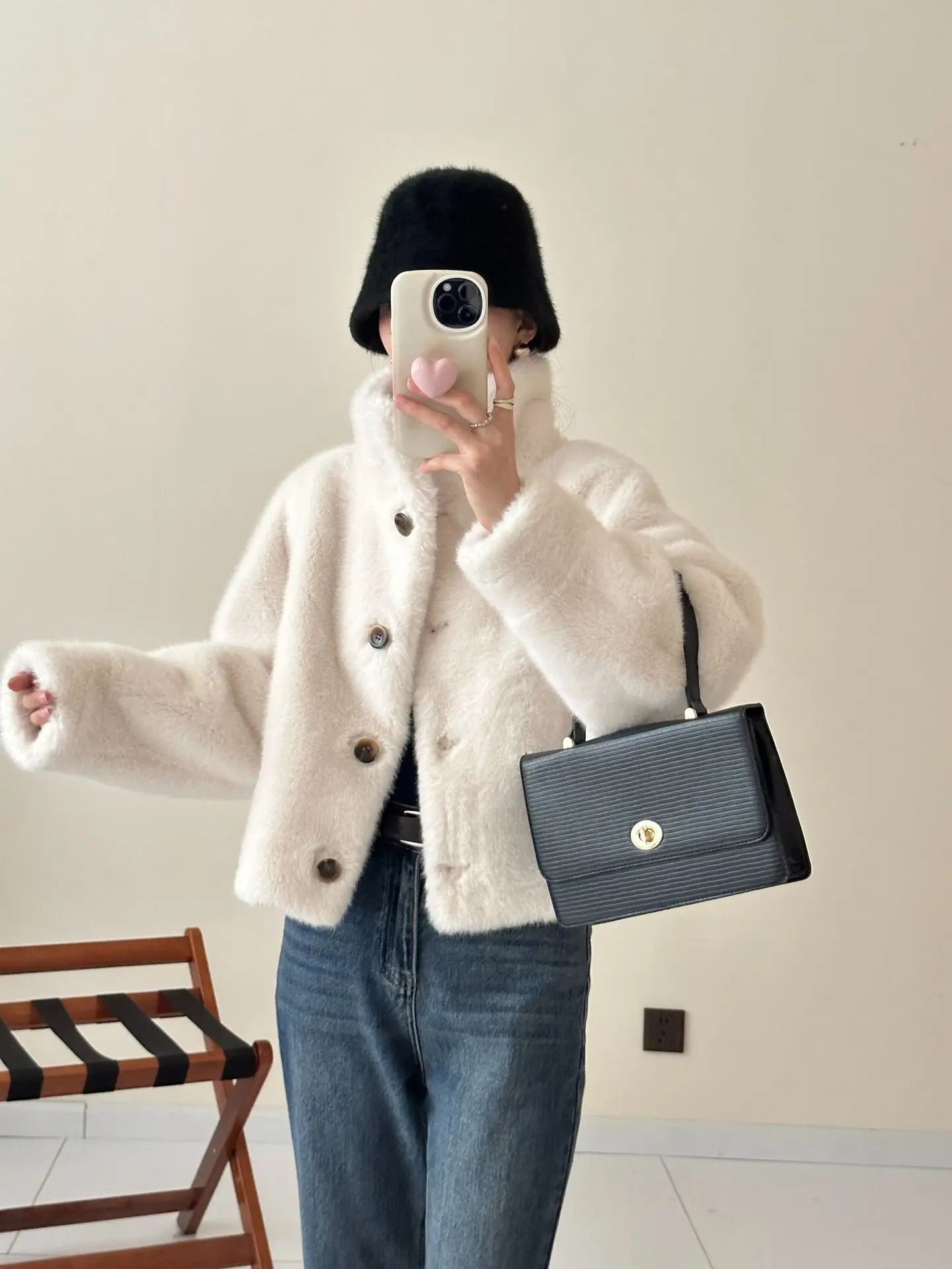 Turtleneck Single Breasted Button Faux Fur Full Sleeve Warm Coats