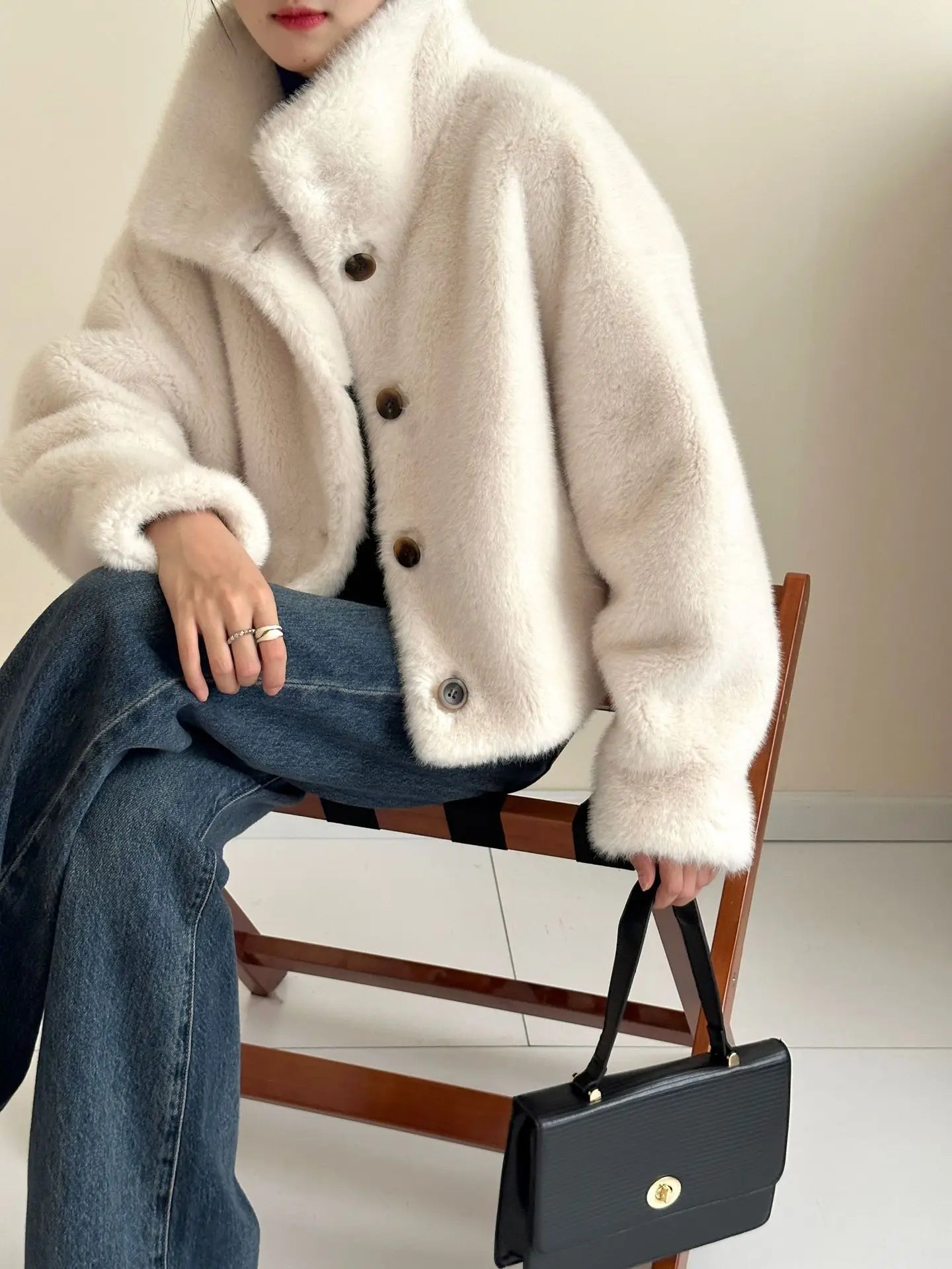 Turtleneck Single Breasted Button Faux Fur Full Sleeve Warm Coats