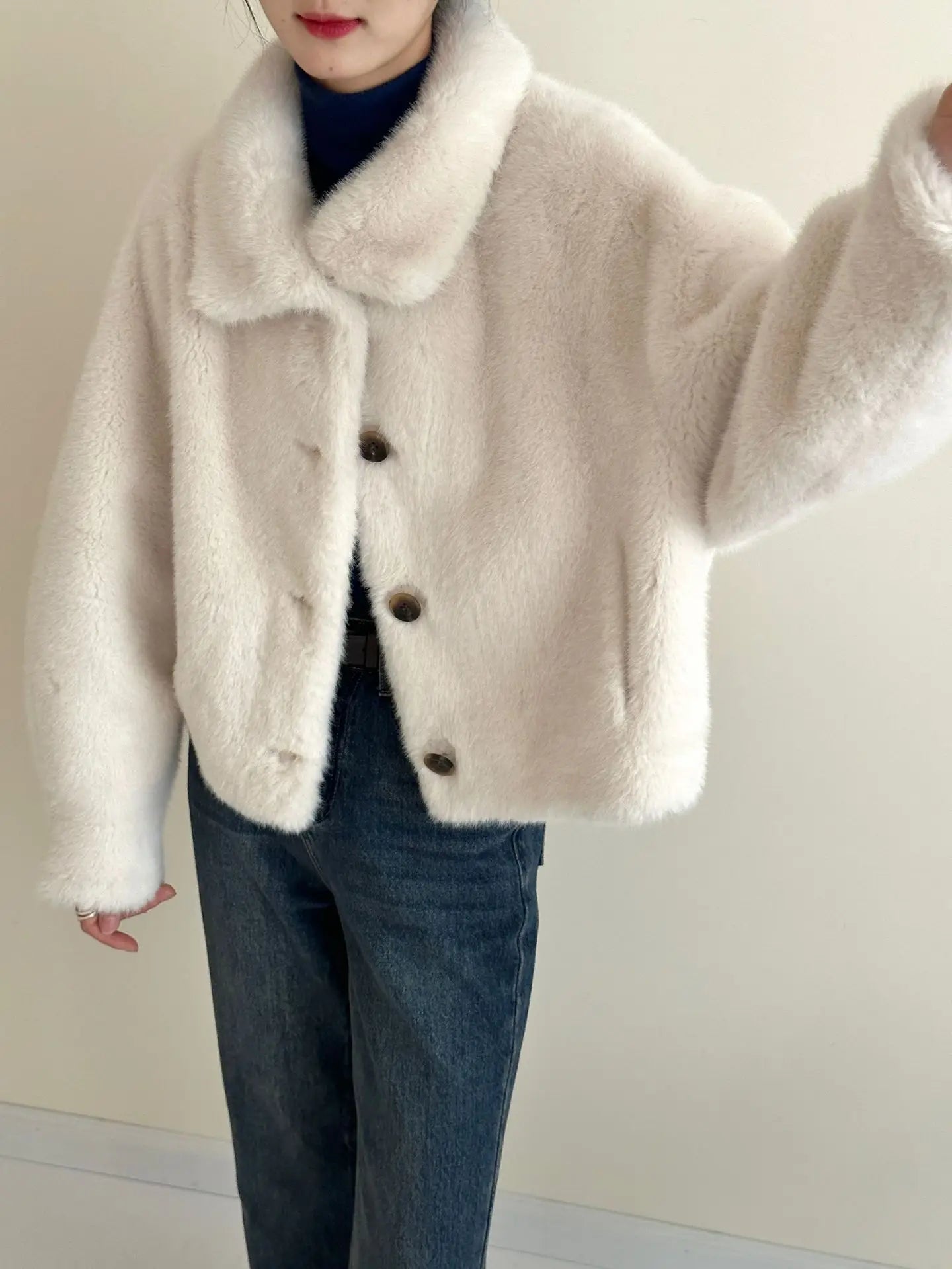 Turtleneck Single Breasted Button Faux Fur Full Sleeve Warm Coats