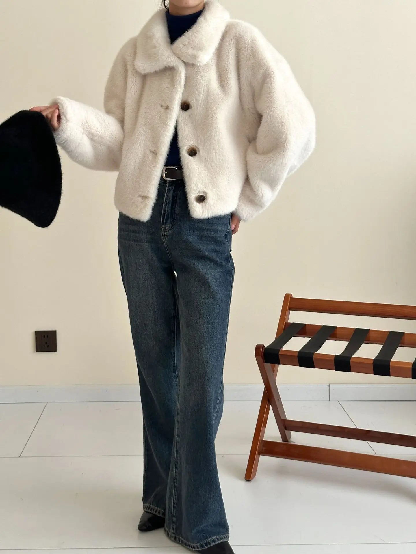 Turtleneck Single Breasted Button Faux Fur Full Sleeve Warm Coats