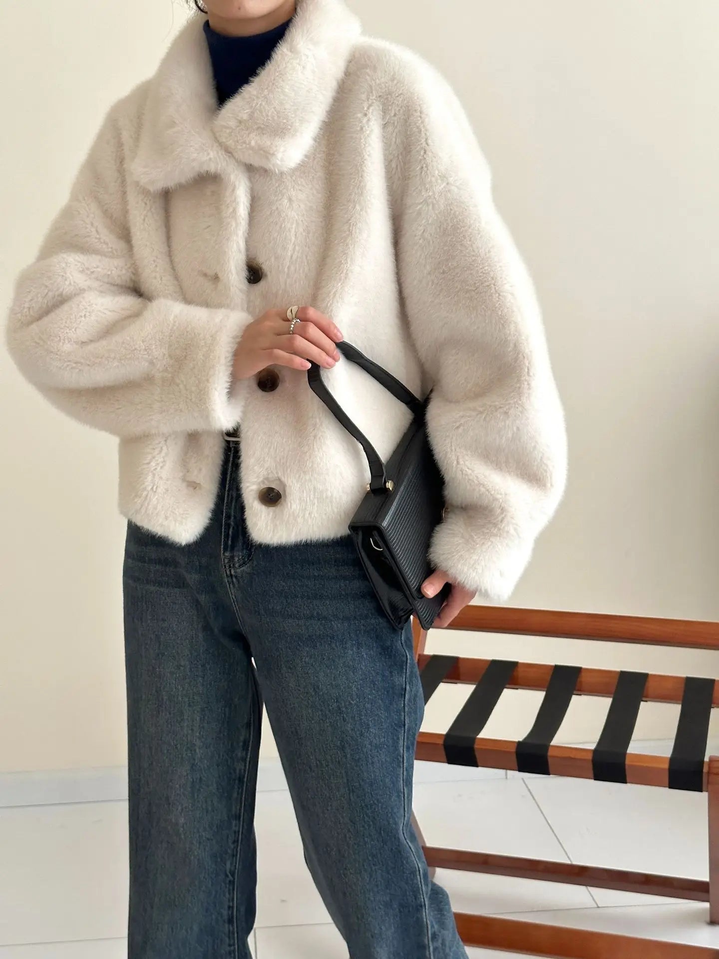 Turtleneck Single Breasted Button Faux Fur Full Sleeve Warm Coats