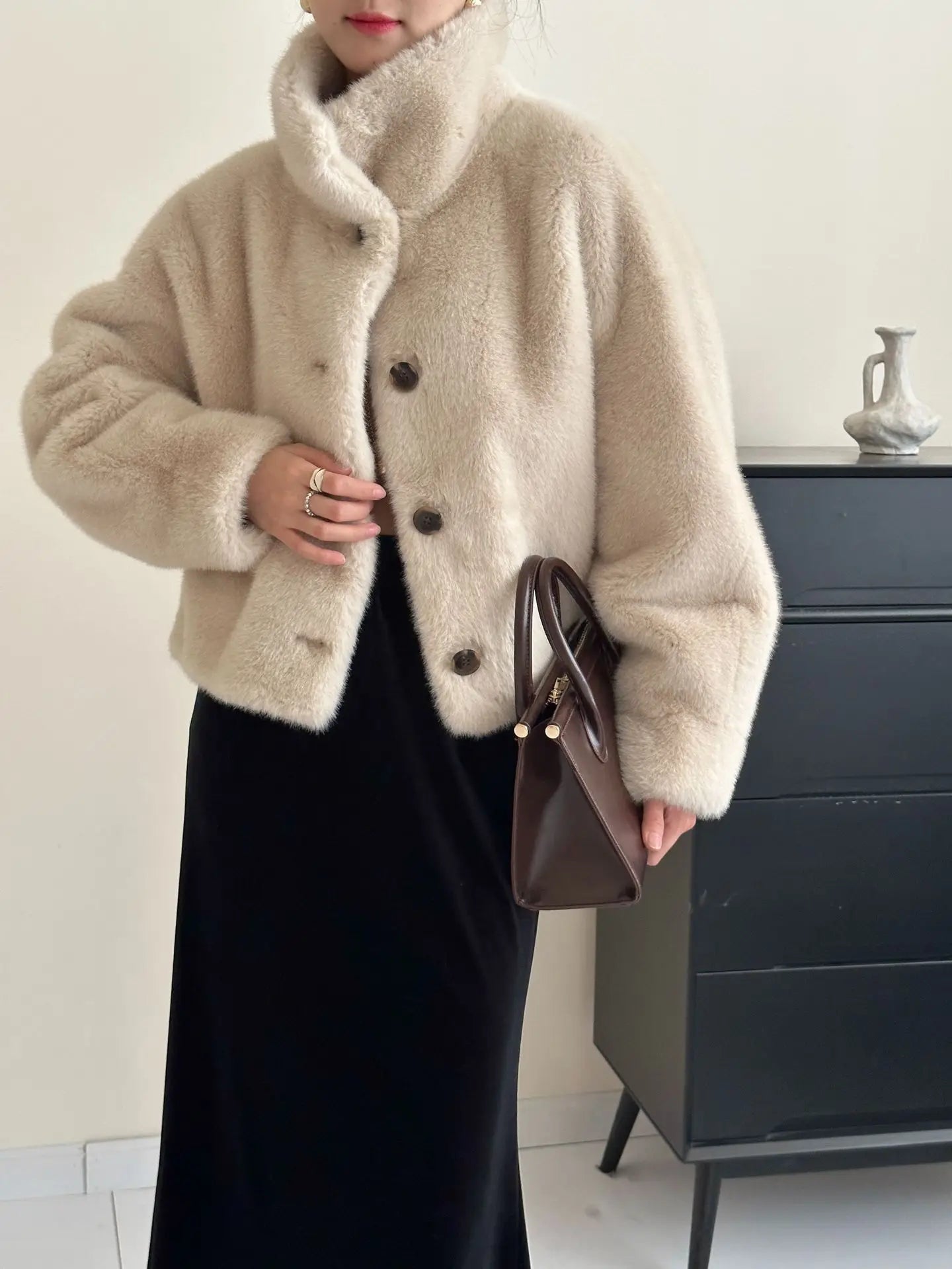 Turtleneck Single Breasted Button Faux Fur Full Sleeve Warm Coats