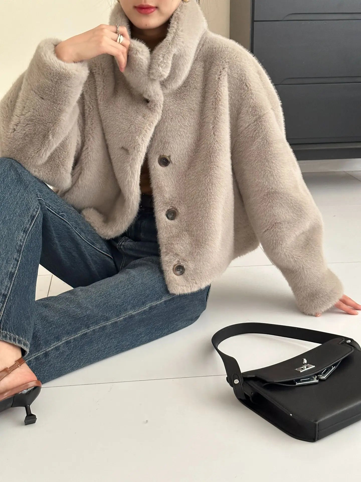 Turtleneck Single Breasted Button Faux Fur Full Sleeve Warm Coats