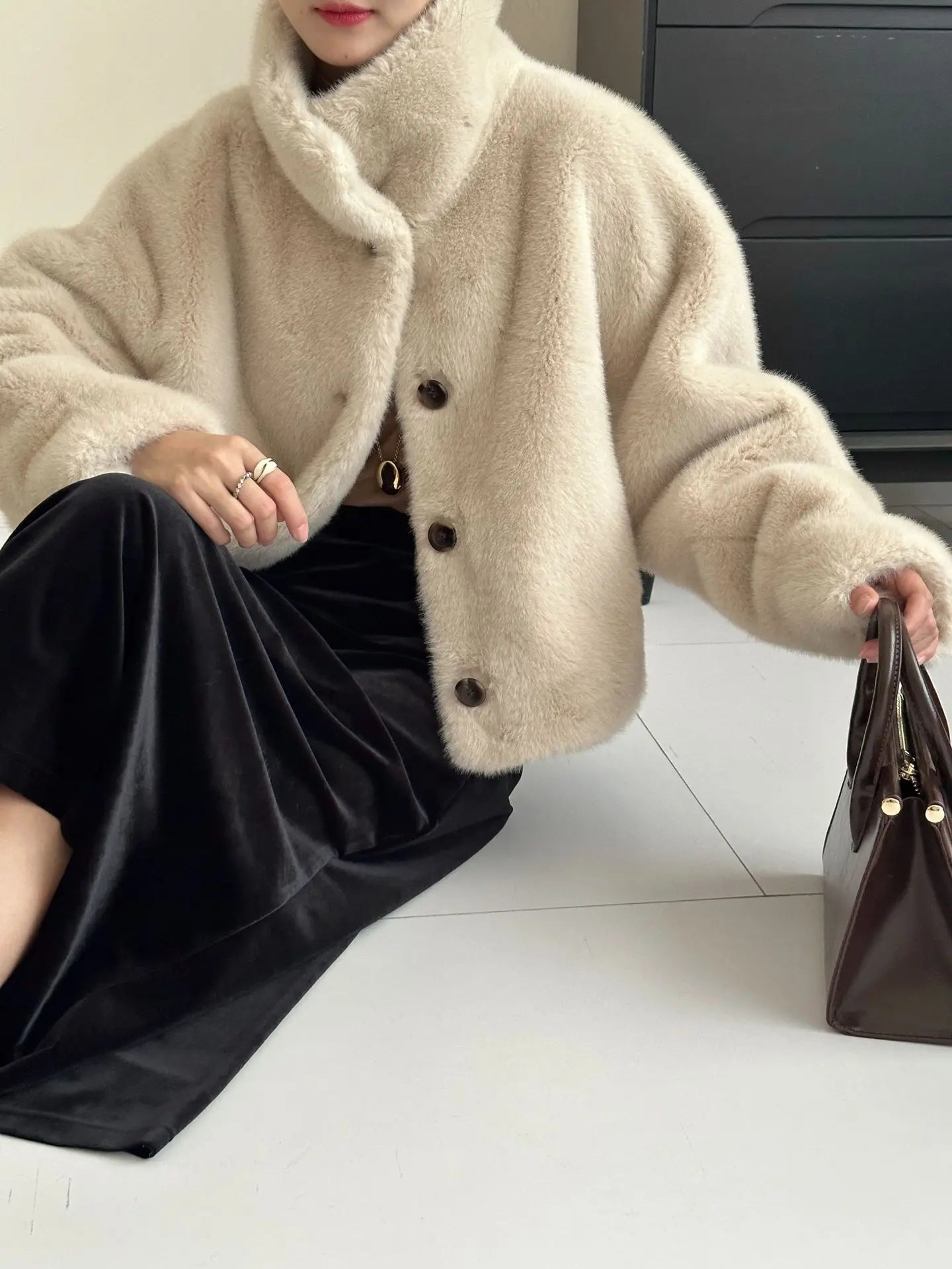 Turtleneck Single Breasted Button Faux Fur Full Sleeve Warm Coats