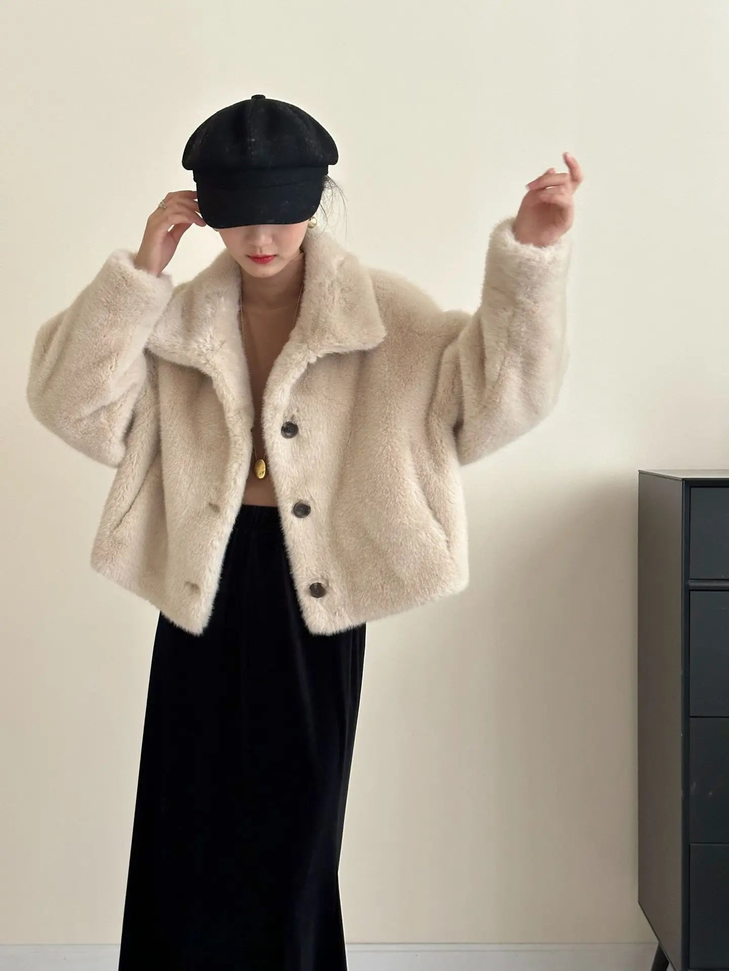 Turtleneck Single Breasted Button Faux Fur Full Sleeve Warm Coats