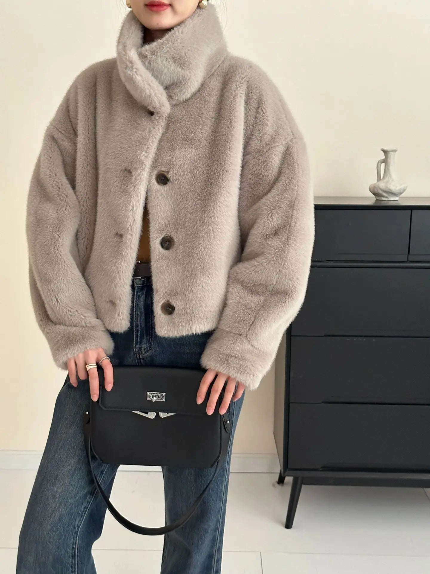 Turtleneck Single Breasted Button Faux Fur Full Sleeve Warm Coats