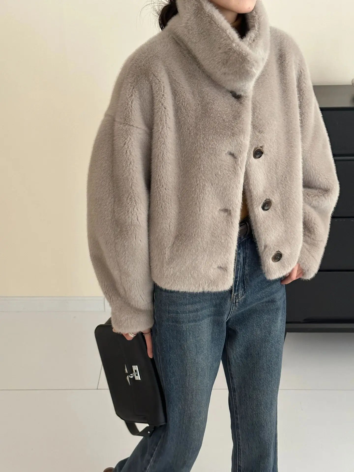 Turtleneck Single Breasted Button Faux Fur Full Sleeve Warm Coats