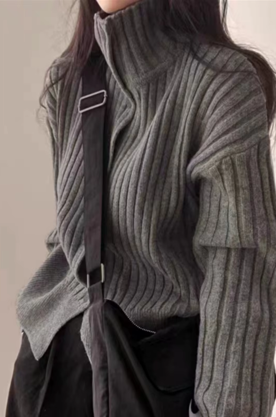Turtleneck pit strip cashmere knit thickened small pure wool loose short coat tides Sweater