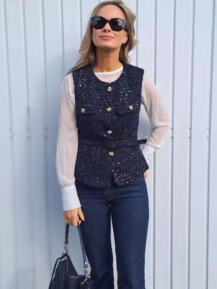 Tweed Belt O-Neck Single Breasted Sleeveless Adjustable Waist Blazer