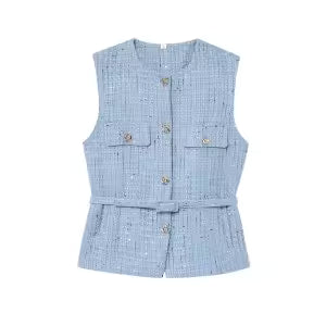 Tweed Belt O-Neck Single Breasted Sleeveless Adjustable Waist Blazer