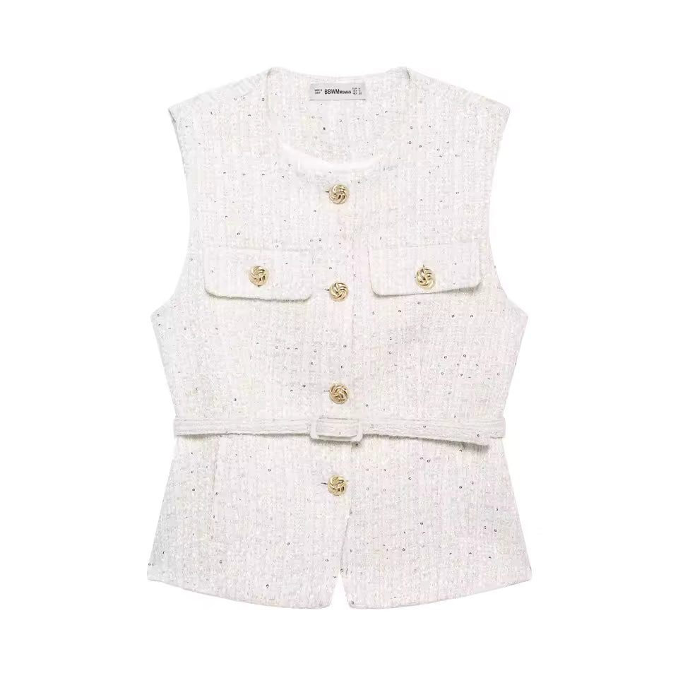 Tweed Belt O-Neck Single Breasted Sleeveless Adjustable Waist Blazer