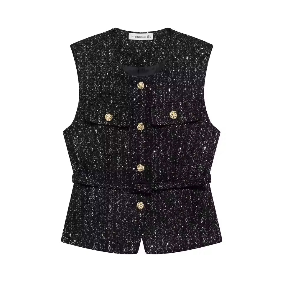 Tweed Belt O-Neck Single Breasted Sleeveless Adjustable Waist Blazer