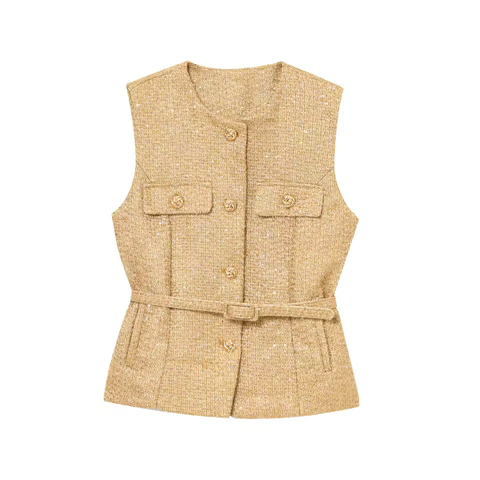 Tweed Belt O-Neck Single Breasted Sleeveless Adjustable Waist Blazer
