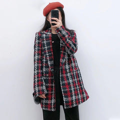 Elegant Twist Tweed Double Breasted Thick Warm Plaid Blazer
