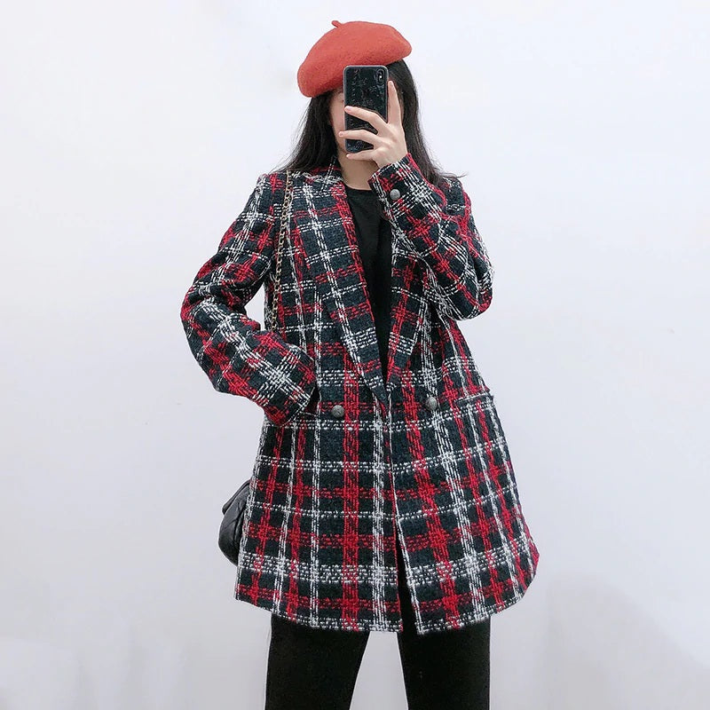 Elegant Twist Tweed Double Breasted Thick Warm Plaid Blazer