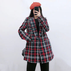 Elegant Twist Tweed Double Breasted Thick Warm Plaid Blazer