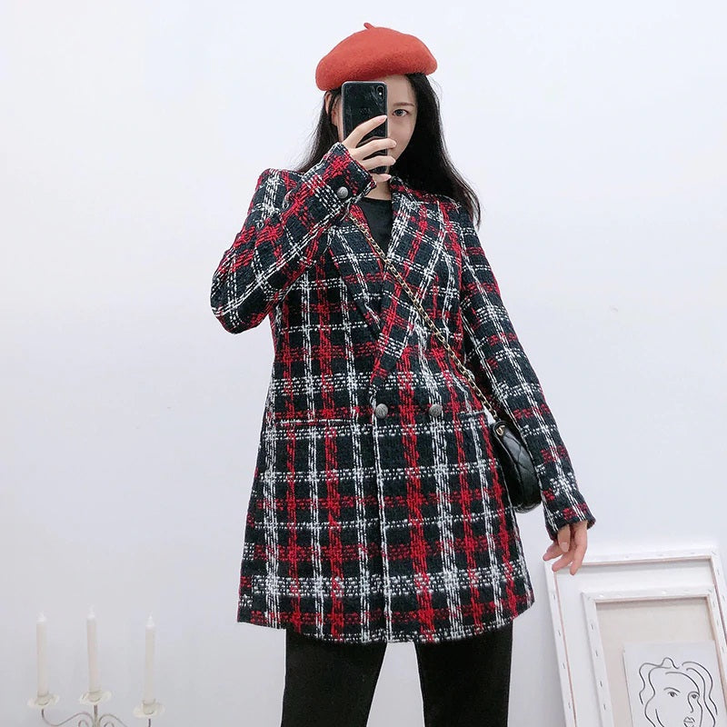 Elegant Twist Tweed Double Breasted Thick Warm Plaid Blazer