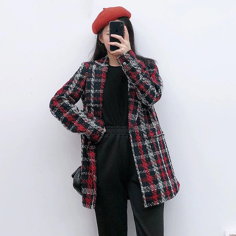Elegant Twist Tweed Double Breasted Thick Warm Plaid Blazer