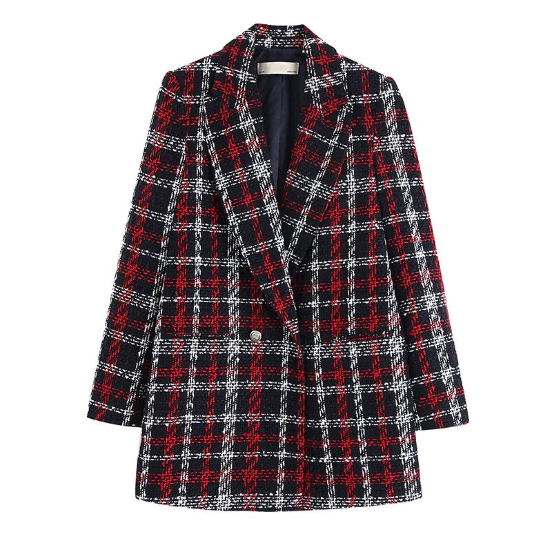 Elegant Twist Tweed Double Breasted Thick Warm Plaid Blazer