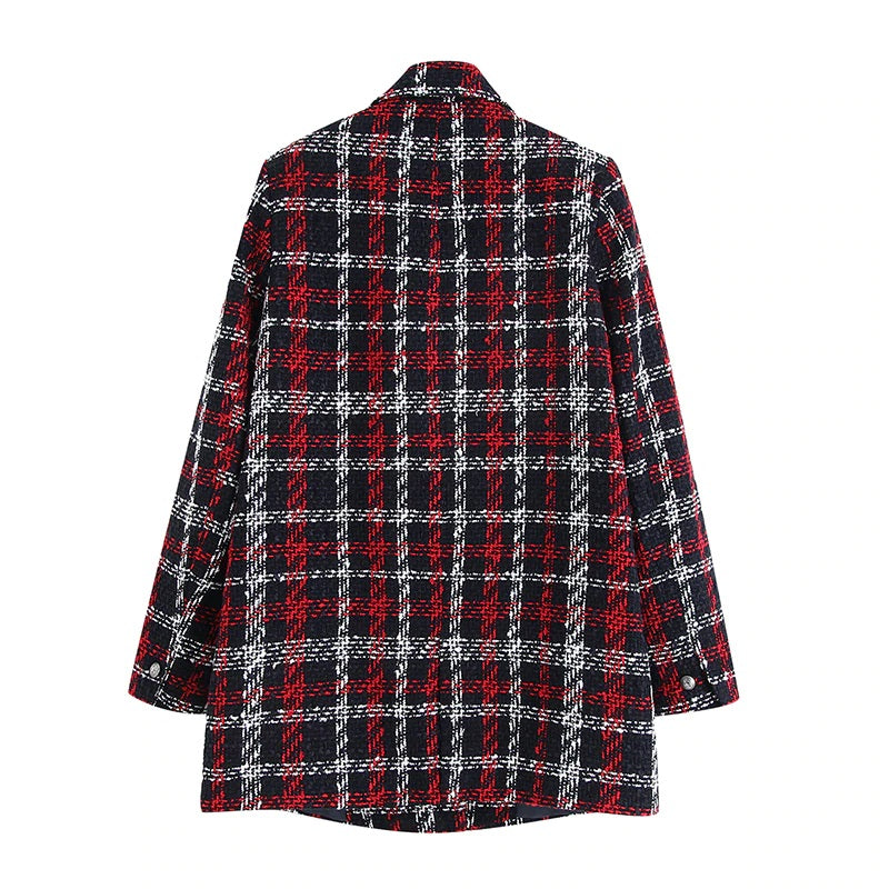 Elegant Twist Tweed Double Breasted Thick Warm Plaid Blazer