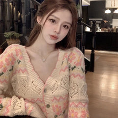 V-Neck Long Sleeve Single Breasted Knitted Sweater