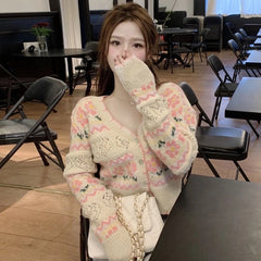 V-Neck Long Sleeve Single Breasted Knitted Sweater