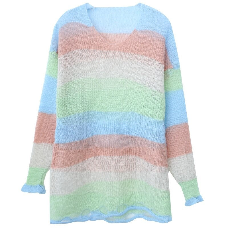 V-Neck Long-Sleeved Knitted Color Striped Sweater
