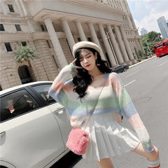 V-Neck Long-Sleeved Knitted Color Striped Sweater