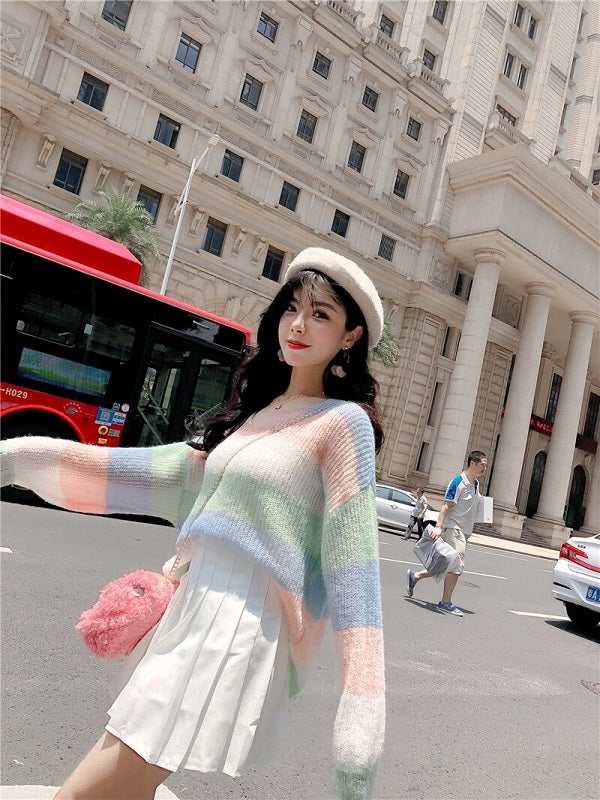 V-Neck Long-Sleeved Knitted Color Striped Sweater