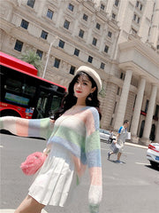 V-Neck Long-Sleeved Knitted Color Striped Sweater