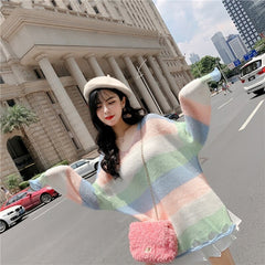 V-Neck Long-Sleeved Knitted Color Striped Sweater