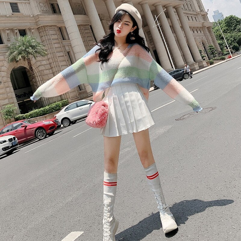 V-Neck Long-Sleeved Knitted Color Striped Sweater