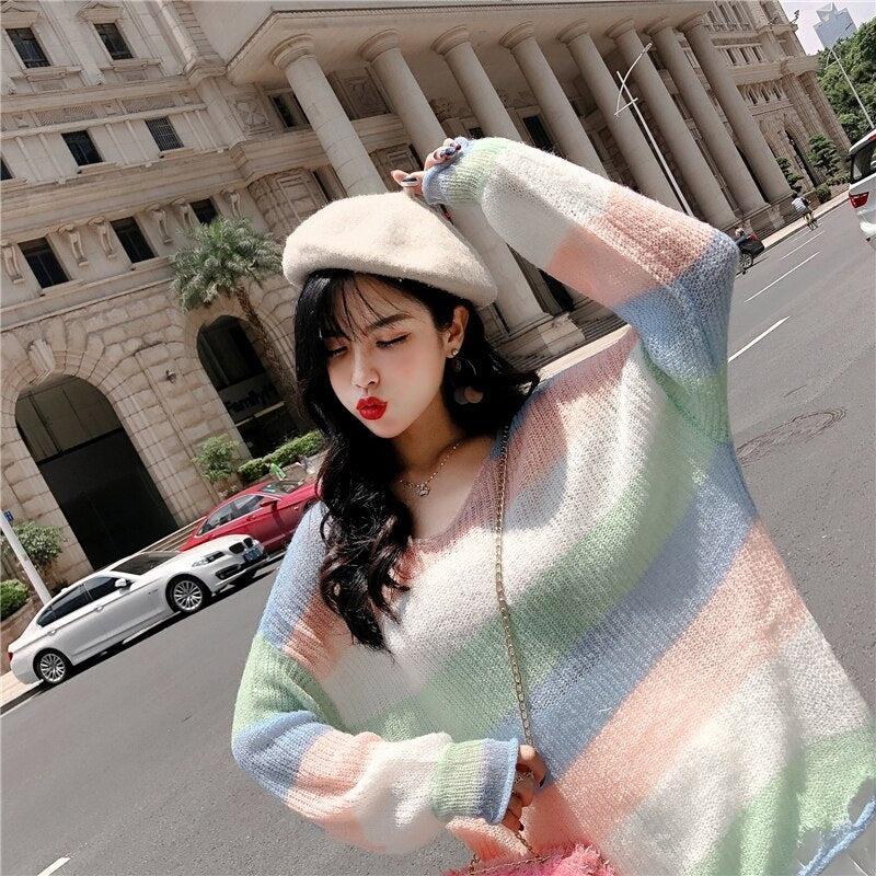 V-Neck Long-Sleeved Knitted Color Striped Sweater