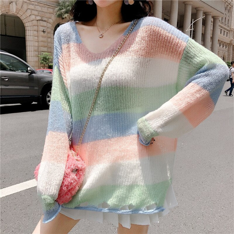 V-Neck Long-Sleeved Knitted Color Striped Sweater