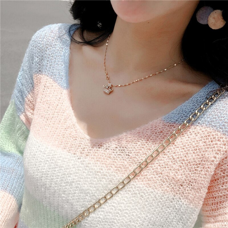 V-Neck Long-Sleeved Knitted Color Striped Sweater