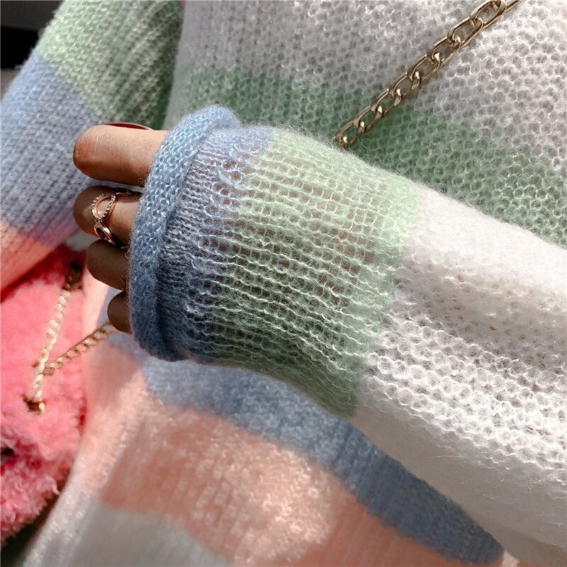 V-Neck Long-Sleeved Knitted Color Striped Sweater
