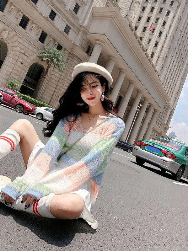 V-Neck Long-Sleeved Knitted Color Striped Sweater