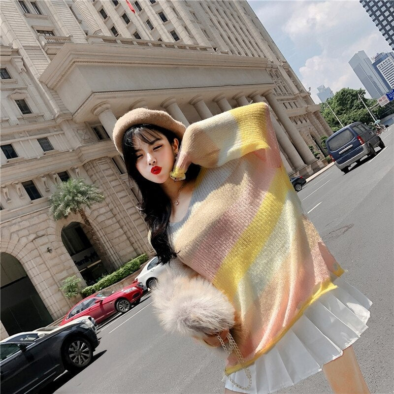 V-Neck Long-Sleeved Knitted Color Striped Sweater