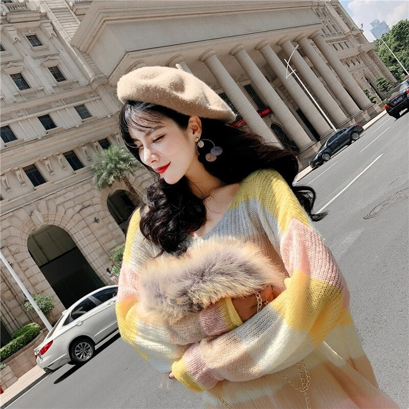 V-Neck Long-Sleeved Knitted Color Striped Sweater