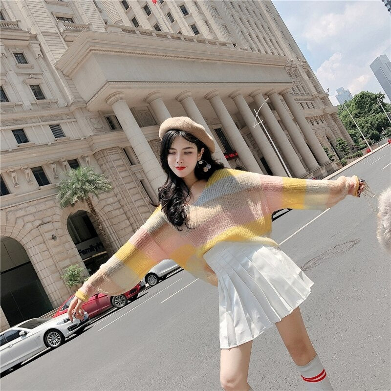 V-Neck Long-Sleeved Knitted Color Striped Sweater